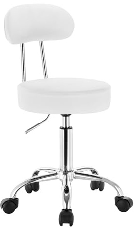 WOLTU Rollhocker, Hocker mit Rollen und Lehne, Kunstleder, Wolkenweiß