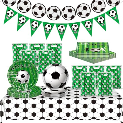 RNHDLY Fotbollsdekoration födelsedag, fotboll party dekoration festservis set, fotboll födelsedagsdekoration med fotbollbanner, triangulär vimpelkedja, servetter, papperstallrikar, bordsduk