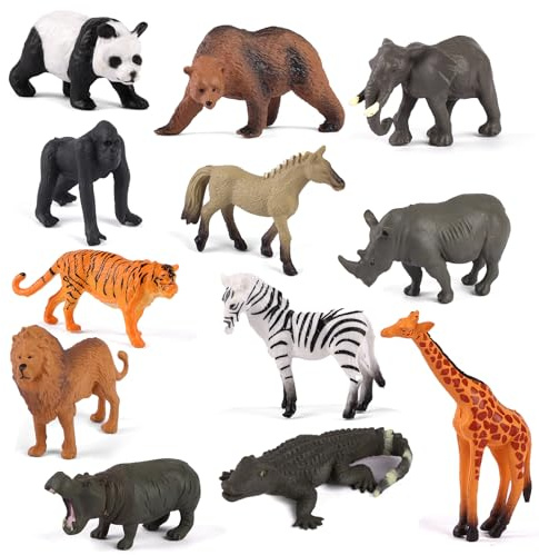Maxmoc 12PCS Zoo Animals Toys Set, Realistic Jungle Animal Figures with Lion, Tiger, Elephant, Giraffe, Zebra, Panda, Hippo, Gorilla, Plastic Animals Toys for Kids Educational Play and Party Favors