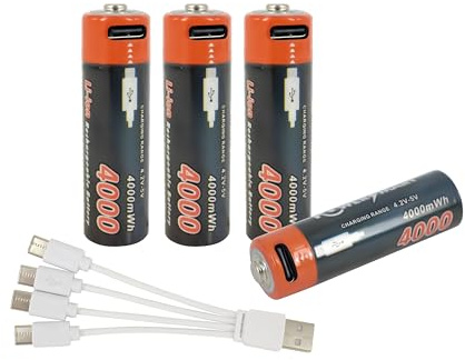 PowerSmart Set di 4 batterie ricaricabili AA agli ioni di litio, 1,5 Volt, 4000 mWh, funzione di ricarica di tipo C, con porta di ricarica USB 1 a 4