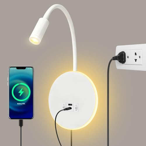 SUNOYA LED Leselampe Wand, Leselampe Wandmontage, ABS Material Bettlampe Schwanenhals, LED Schwanenhals wandlampe, Doppel-USB-Anschluss Bettlampe mit Schalter