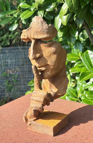 STEINFIGURENWELT GIEBEN Skulptur Gesicht Speak No Evil 30cm Nichts Sagen Gusseisen Figur Deko Vintage Eisenguss mit Rostpatina Gartenfigur Gartenskulptur Kopf Edelrost Wetterfest