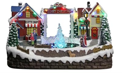 Christmas Village Tabletop Decoration – Light Up LED Water Fountain Scene, Animated Polyresin Snow Holiday Ornament with Flowing Water, Battery Operated Indoor Xmas Decoration (34×20.5×19 cm)
