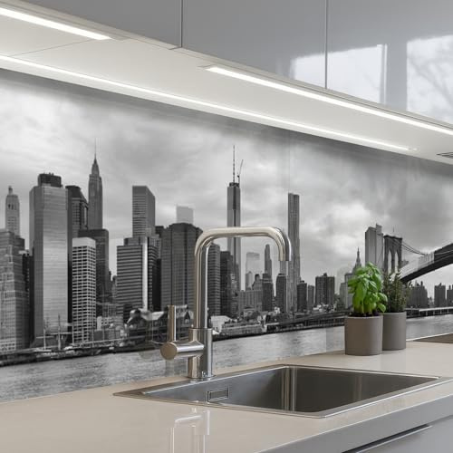 KitchenYeah© Paraschizzi Cucina Adesivo Pannello Parete Paraspruzzi | 60x300 cm - Pannelli retro Skyline - Ponte - Edifici - Incolore