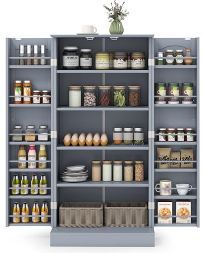 FANTASK Küchenschrank mit Doppeltür, Vorratsschrank mit 6 verstellbaren Einlegeböden, Aufbewahrungsschrank, Mehrzweckschrank für Küche, Wohnzimmer, Esszimmer, 60 x 40 x 120 cm (Grau)