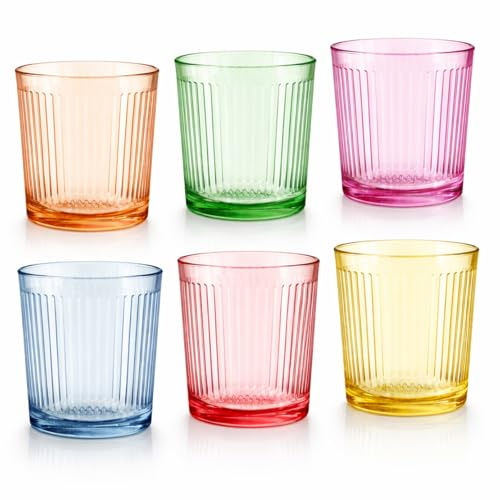 Set de 6 Vasos de Cristal Acanalados de Colores 360 ml, Vasos de Vidrio Resistentes, No Pierden Color, Aptos para Lavavajillas y Microondas, Diseño Elegante para Agua, Refrescos y Cócteles - Apilables