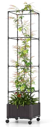 GOPLUS Jardinera con Enrejado para Plantas Trepadoras, Huerto Elevado para Interiores y Exteriores, Jaula para Tomates con Ruedas, 4 Altura Ajustable 170/130/90/50 cm