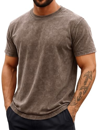 Runcati Oversized t-shirt män kortärmad tung bomull rund hals toppar män sommar casual normal passform basic toppar, kaki, XL