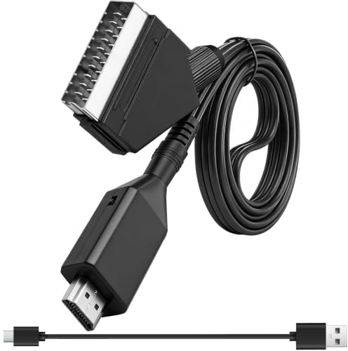 Convertisseur Péritel vers HDMI 1080P 720P, Adaptateur SCART HDMI Audio Vidéo Tout-en-Un avec Câble USB Intégré, Mise à l’Échelle HD Compatible avec TV et HDTV VHS DVD STB PS3 Blu-ray Console Rétro