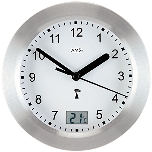 AMS Wanduhr Baduhr Badezimmeruhr Funk silbern wasserdicht mit Thermometer