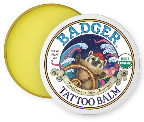 Badger Tattoo Balm, Organic Tattoo Aftercare, Soothing Moisturizing Protecting Healing Tattoo Cream, Light Herbal Sweet Scent, Long Lasting Rich Tattoo Butter, 2 oz Tin
