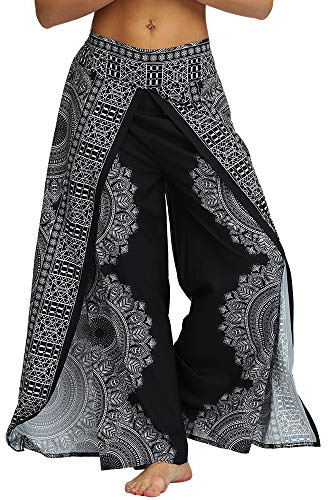 Nuofengkudu Donna Hippie Lunghi Pantaloni con Spacco Gamba Larga Leggero Yoga Pantalone Traspirante Eleganti Pilates Pants Holiday Spiaggia Estivo(Nero Floral A,S/M)