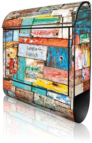 banjado Design Briefkasten personalisiert 38,5x46,5x13cm & 2 Schlüssel - Briefkasten Stahl Schwarz Zeitungsfach pulverbeschichtet - Postkasten A4 Einwurf inkl. Montagematerial - Motiv Bunte Holzschind