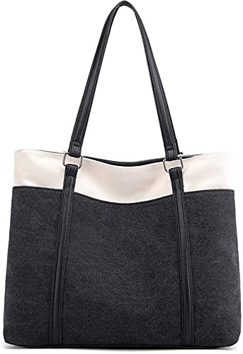 JANSBEN Damen Handtasche Schultertasche Canvas Casual Groß Tasche Shopper Elegant für Büro Schule Arbeit (Schwarz)