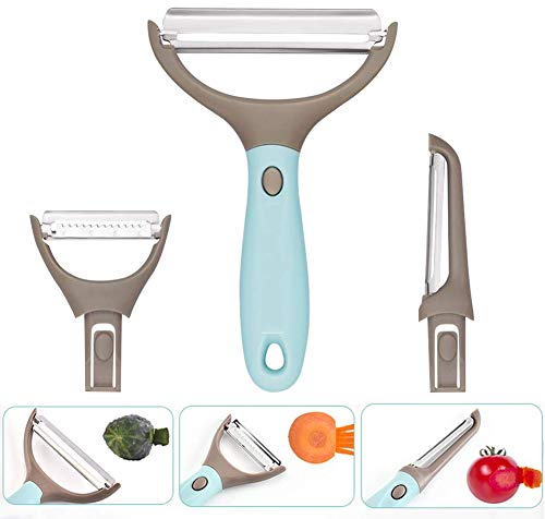 BETOY 3 En 1 Pelador Frutas, Multifunción 3 en 1 Pelador Conjunto 3 en 1 Multifunción y Pelador Profesional Pelador Antideslizante Pelador de Frutas y Verduras para Cocina, Restaurante, Hotel, Azul