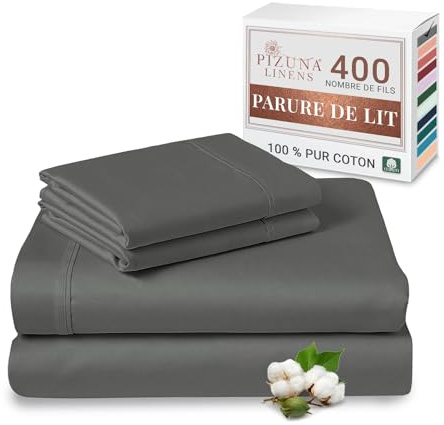 Pizuna Coton Peigné Parure de Lit 140x200 cm Gris foncé 400 Fils | Tissu de Satin de Coton Longue durée Comprend 1 Drap Housse, 1 Drap Plat, 2 Taie d'oreiller (Coton Draps 2 Personnes)