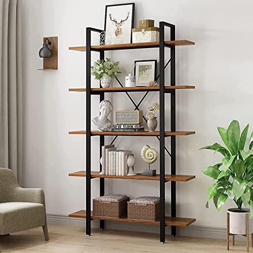 YOLEO Bücherregal mit 5 Etagen, Standregal 120 x 30 x 178 cm Industrie Büroregal stabile Stahlrahmen groß Aufbewahrungsregal für Büro Arbeitszimmer Wohnzimmer (Walnussbraun)