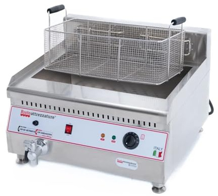 Ristoattrezzature Friggitrice Elettrica Singola Vasca, Professionale in Acciaio Inox - con Rubinetto di Scarico - 30 Litri, Capacità Olio 23 Litri - 220 Volt