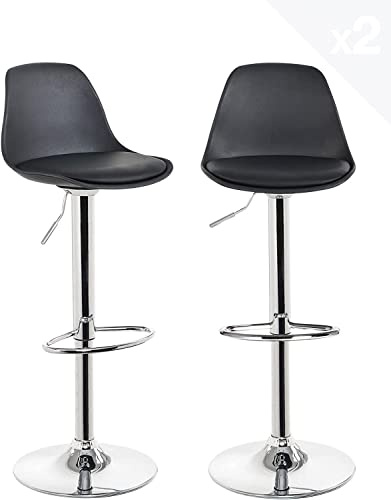 HUOLE Set di 2 Coppia Sgabello da Bar Moderno Sgabello Alto con schienale in Simipelle Sedia Alta da Cucina Regolabile Girevole-Nero-2pz