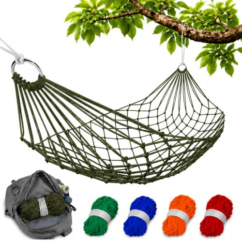 Netz-Hängematte – einfach aufzubauende Seil-Hängematten für draußen, dunkelgrün, 90 x 31,5 cm Nylon-Netz-Hängematte, max. 100 kg, Baumhängematten für draußen, Camping und Entspannung, schnelle