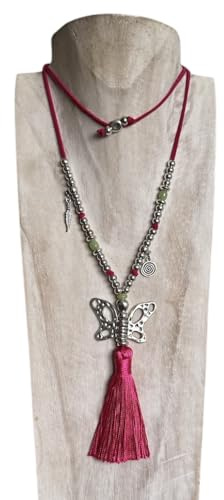 Anhur Collar Colgante Mariposa fucsia y verde. Collar Mujer Largo Adaptable a Caulquier Medida en Zamak Color Plata. Borlón Hilo de Seda Fucsia
