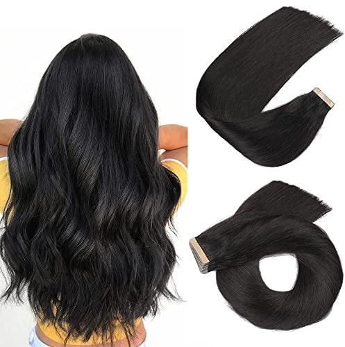 HotLulana Tape Extensions Echthaar Natürliches Schwarz Extensions Echthaar 22zoll/55cm 40Pcs 100g Skin Weft 100% Natürliche Tape in Extensions Echthaar Invisible Echthaar Extensions Tape #1B.