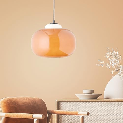 Lightbox Hängelampe Glas orange, mundgeblasen, Ø 30 cm Lampe | Höhenverstellbare Retro-Pendelleuchte für den Esstisch, E27, auffälliger Farbakzent für den Esstisch