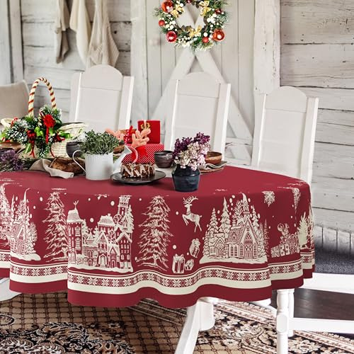 Oval julbordsduk 152 x 213 cm, julgran älg jultomte snöflinga röd jul bordsduk, polyester vattentät skrynkelbeständig hållbar bordsduk för semester, kök, vinter och heminredning