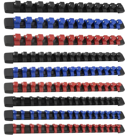 Gunpla 9pcs Socket Organizer Set, Metric SAE Tool Storage Socket Holder Clips Rail 1/4-Inch 3/8-Inch 1/2-Inch Spring Loaded Ball Bearings Secure Holding Portable Socket Retention Home Workshop