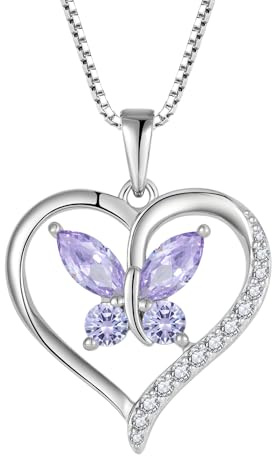 FJ Herz Schmetterling Kette Damen 925 Sterling Silber Geburtsstein Kette Anhänger Schmuck für Frauen Mutter Freundin Mama