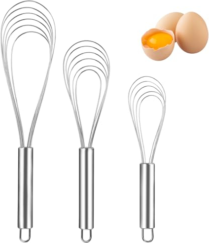 Miruchertter Set di fruste da cucina in acciaio inox a filo piatto, 20 cm, 25 cm, 30 cm, fruste per mescolare uova, per cucinare, mescolare, sbattere e mescolare, confezione da 3