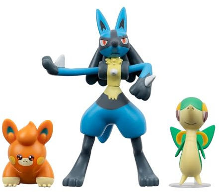 Pokémon Battle Figure - Paquete de 3 Figuras de Batalla Snivy y Pawmi de 2 Pulgadas y Lucario de 3 Pulgadas