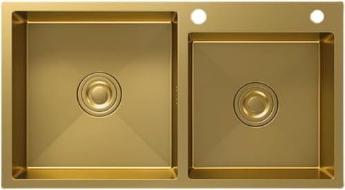 FDQAMLKX Küchen-Doppelwaschbecken, goldene Waschbecken, Balkonwaschbecken, Doppelwaschbecken, handgefertigte Haushaltswaschbecken, 21 cm Tiefe Waschbecken mit großer Kapazität