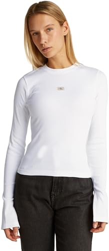 Calvin Klein Donna Maglietta Maniche Lunghe Woven Label Rib Top Slim Fit, Bianco (Bright White), L