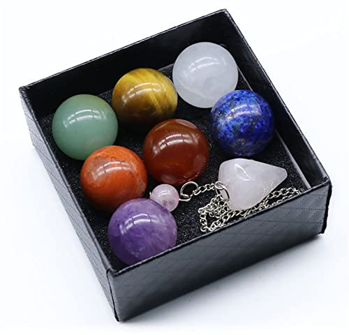 FACSER Cristallo naturale grezzo Set di 7 sfere di cristallo con cristalli naturali, pietre burattate con pendolo in quarzo rosa for (Color : 7 Chakra Balls Set B)