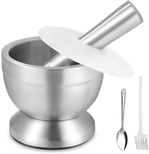 Mortero de Cocina de Acero Inoxidable Con Cuchara y Tapa de Silicona - Molinillo de Especias de Primera Calidad, Trituradora y Tazón de Hierbas - Perfecto Para Moler, Mezclar y Almacenar