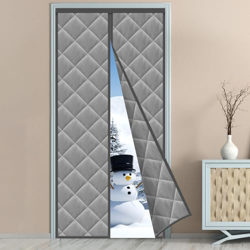 Rideau Thermique Magnétique Hiver - 95 x 210 CM - GRIS - Thermique Isolant Contre le Froid Fermeture Automatique à Aimants, Partie Supérieure Augmentée à 3,8 CM, Pour Balcon, Salon, Cave, Cuisine