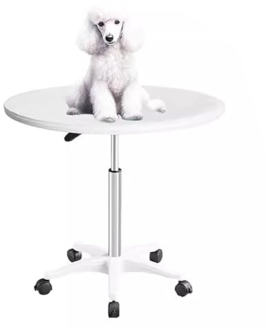 Giratorio Mesa de Peluquería para Mascotas Mesa Peluqueria Canina Elevable 59-80cm, Tablero de Madera y Marco de Acero Inoxidable con Alfombrilla de Goma(White)