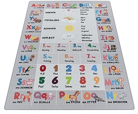 Stilvoll Günstig by ELMM Kinderteppich Teppich Kinderzimmer Spielzimmer Grau 100 x 150 Alphabet Buchstaben Zahlen Tiere Kurzflor