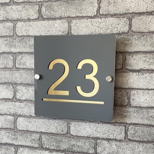 Plaque de numéro de maison personnalisable 3D en acrylique gris fumé et doré, chiffres flottants avec adresse, plaque pour porte intérieure et extérieure Idéal pour maison, hôtel, appartement, magasin