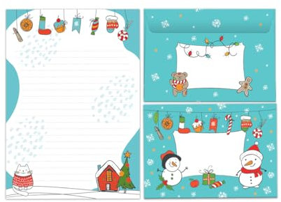 Briefpapier-Set für Weihnachten Blöcke Katze Umschläge Kindermotiv für Jungen Mädchen Weihnachtsbriefpapier Weihnachtspapier Brief an Weihnachtsmann (Block A5 mit 25 Blätter + 15 Umschläge)