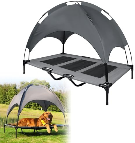 UISEBER Hundsäng upphöjd husdjurssäng 122 x 92 x 102 cm hundsäng utomhus med tak för stora hundar upp till 60 kg vattentäta hundsängar för inomhus- och utomhusbruk grå + svart 【XL】