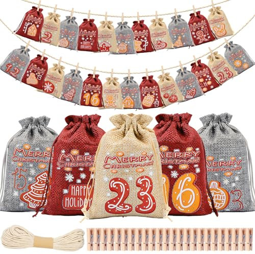 Adventskalender zum Befüllen Stoff, 10x14cm Adventskalender Selber Befüllen, Selbstgemachter Weihnachtskalender Säckchen zum Aufhängen, Geschenktüten Weihnachten, DIY Weihnachten Geschenke (A)