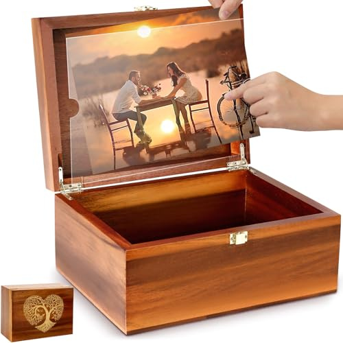 SanSuePros Große Aufbewahrungsbox aus Holz mit Scharnierdeckel und Fotorahmen, elegante Hochzeits-Erinnerungsbox, ideal für Fotos, Briefe, Zeitkapseln, Brautgeschenk, Liebe, dekorative Aufbewahrung