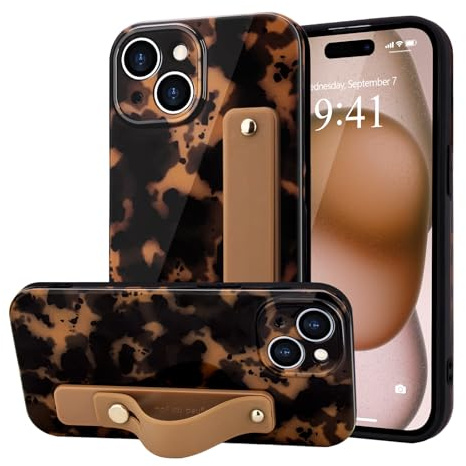 LAPOPNUT for iphone 13 Case Strap Leopard Tortoise Print, Brown | Cheetah Amber Pattern Phone Cover, Adjustable Finger Wrist Stand Holer, Cute for Women Girls Men,TPU Bumper Shell, Protecion