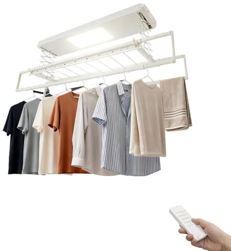 Vielrosse Tendedero eléctrico con mando a distancia, escalable, rejilla de ventilación retráctil con ventilación caliente, carga total de 35 kg, para instalación en techo, color blanco
