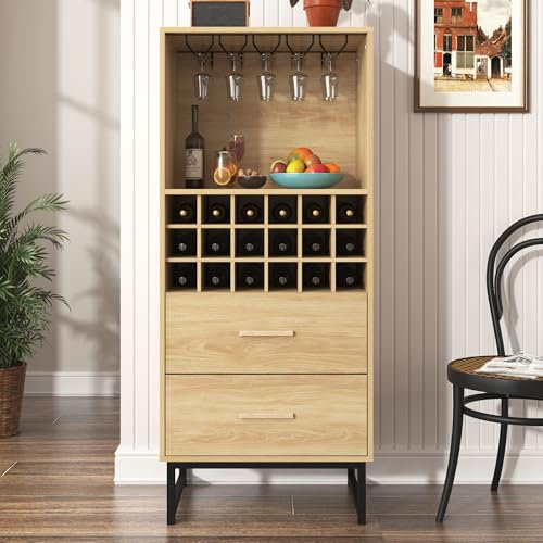 Vinoteca con 2 cajones de Almacenamiento 18 Compartimentos y portavasos aparador pies de Metal Negro Mate botellero taquillas Color Madera
