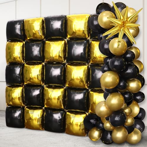 ojustbeok 66pcs Black Gold Flat Square Foil Balloon Wall Backdrop Metallic Double Sided Balloon Garland Kit Background Tunnel Arch for Graduation Anniversary Birthday Engagement Disco Party Decoration