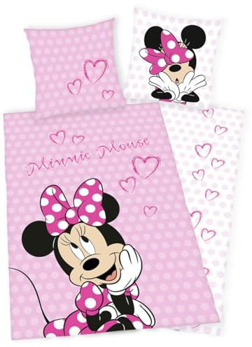 Disney Minnie Mouse Bettwäsche 80x80 + 135x200cm, 100% Baumwolle mit Reißverschluss