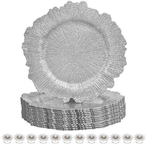 Silver Charger Plate Set with Vintage Design & Pearl Diamante Napkin Rings – Elegant 33cm Chargers for Dinner, Weddings, Parties, Banquets, Events & Formal Table Décor - 12 Pcs